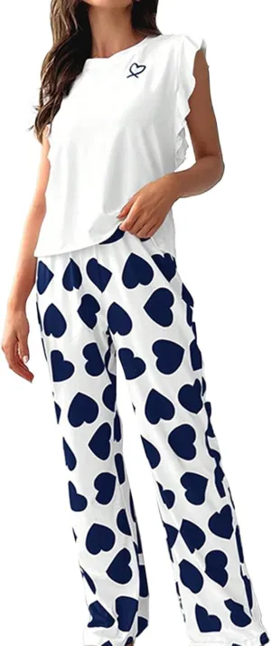 Miyaomn Women's Pajama Sets Ruffled Sleeveless Tank Top and Long Printed Pants with Pockets 2 Piece Pjs Sets Lounge Sleepwear
