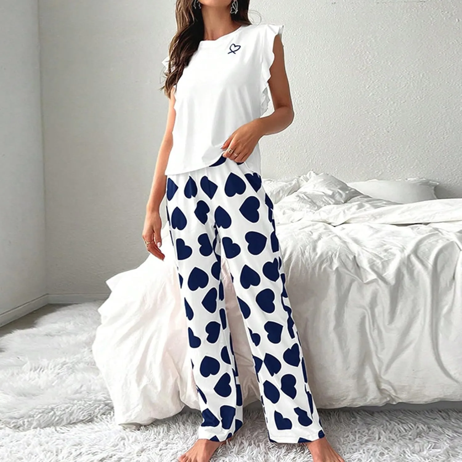Miyaomn Women's Pajama Sets Ruffled Sleeveless Tank Top and Long Printed Pants with Pockets 2 Piece Pjs Sets Lounge Sleepwear