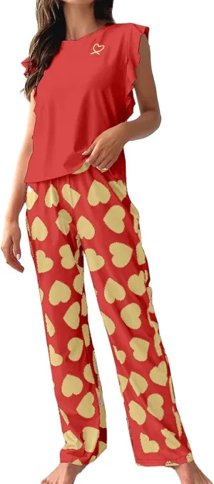 Miyaomn Women's Pajama Sets Ruffled Sleeveless Tank Top and Long Printed Pants with Pockets 2 Piece Pjs Sets Lounge Sleepwear
