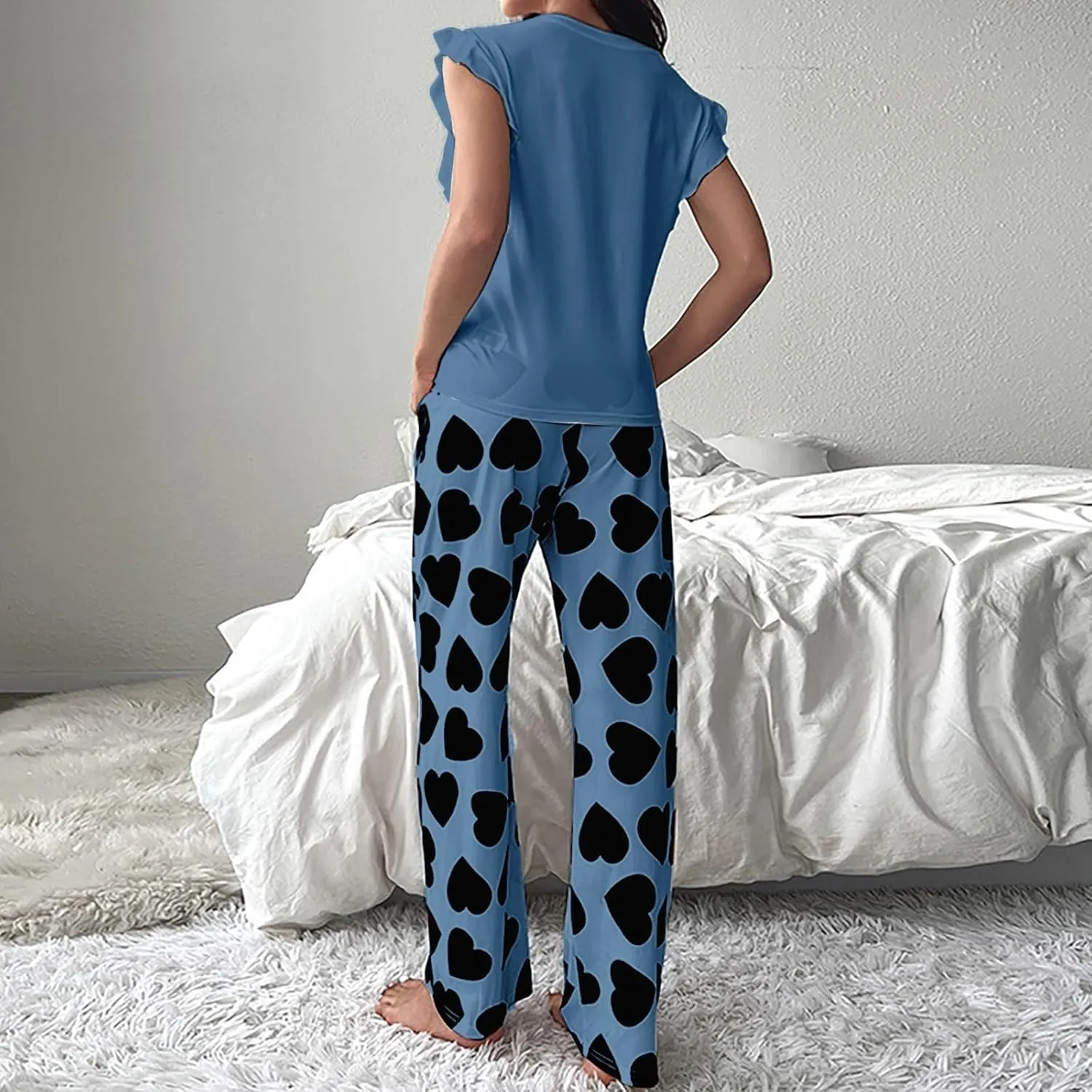 Miyaomn Women's Pajama Sets Ruffled Sleeveless Tank Top and Long Printed Pants with Pockets 2 Piece Pjs Sets Lounge Sleepwear