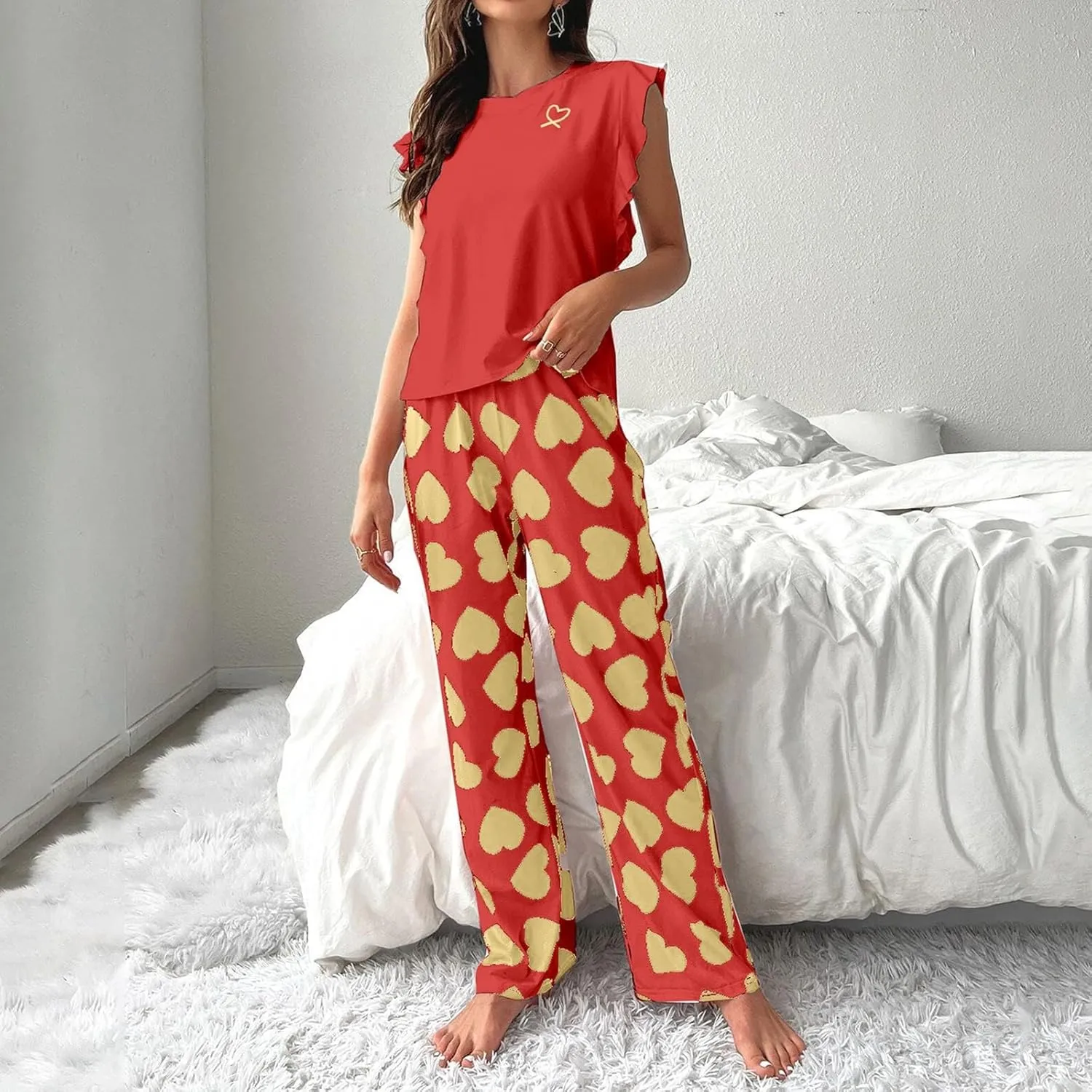 Miyaomn Women's Pajama Sets Ruffled Sleeveless Tank Top and Long Printed Pants with Pockets 2 Piece Pjs Sets Lounge Sleepwear