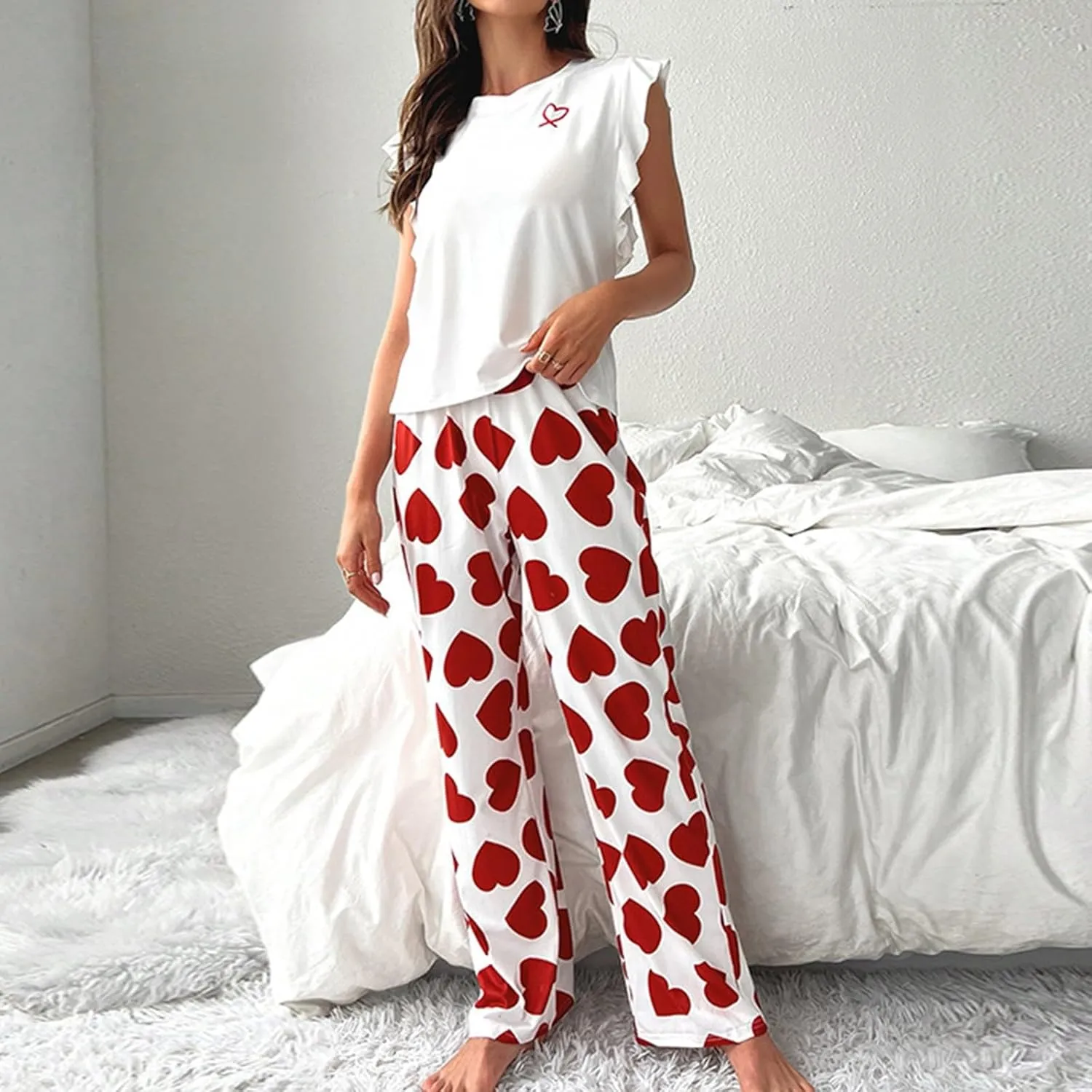 Miyaomn Women's Pajama Sets Ruffled Sleeveless Tank Top and Long Printed Pants with Pockets 2 Piece Pjs Sets Lounge Sleepwear