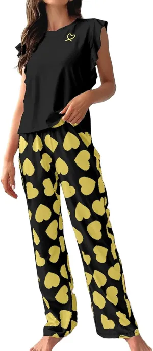 Miyaomn Women's Pajama Sets Ruffled Sleeveless Tank Top and Long Printed Pants with Pockets 2 Piece Pjs Sets Lounge Sleepwear