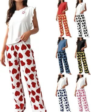 Miyaomn Women's Pajama Sets Ruffled Sleeveless Tank Top and Long Printed Pants with Pockets 2 Piece Pjs Sets Lounge Sleepwear