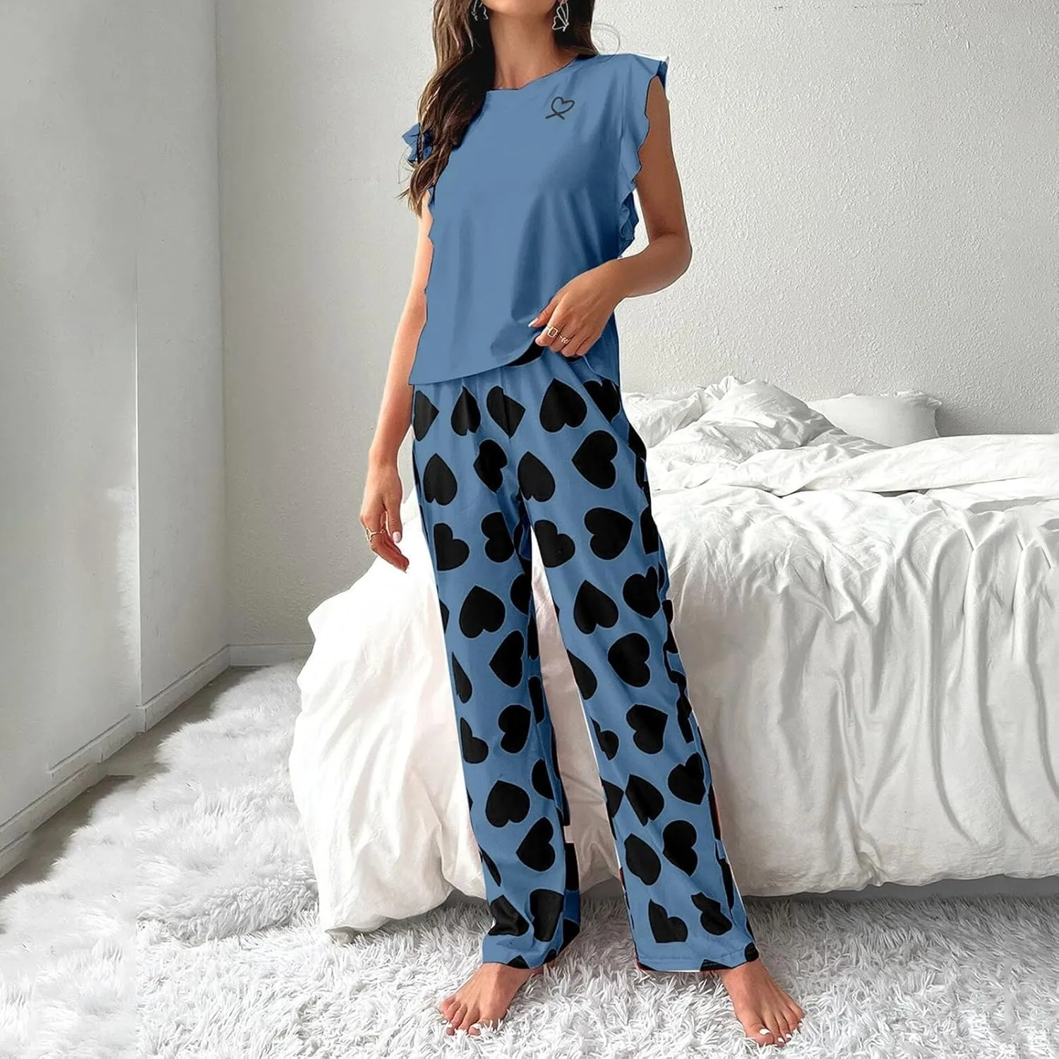Miyaomn Women's Pajama Sets Ruffled Sleeveless Tank Top and Long Printed Pants with Pockets 2 Piece Pjs Sets Lounge Sleepwear
