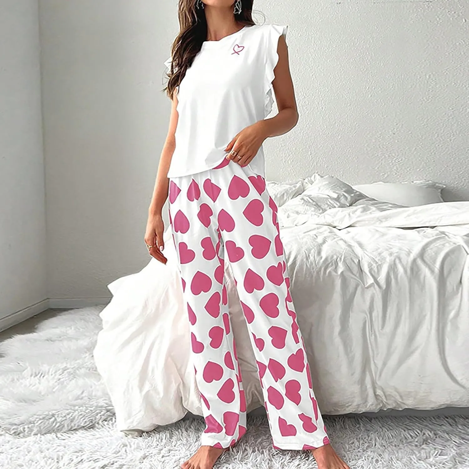 Miyaomn Women's Pajama Sets Ruffled Sleeveless Tank Top and Long Printed Pants with Pockets 2 Piece Pjs Sets Lounge Sleepwear
