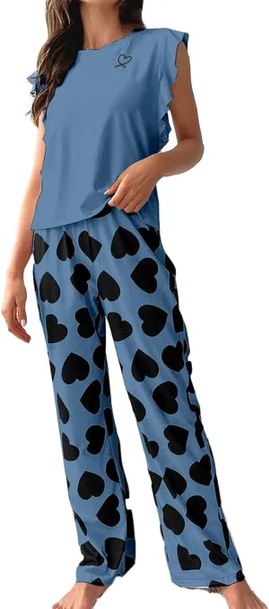 Miyaomn Women's Pajama Sets Ruffled Sleeveless Tank Top and Long Printed Pants with Pockets 2 Piece Pjs Sets Lounge Sleepwear