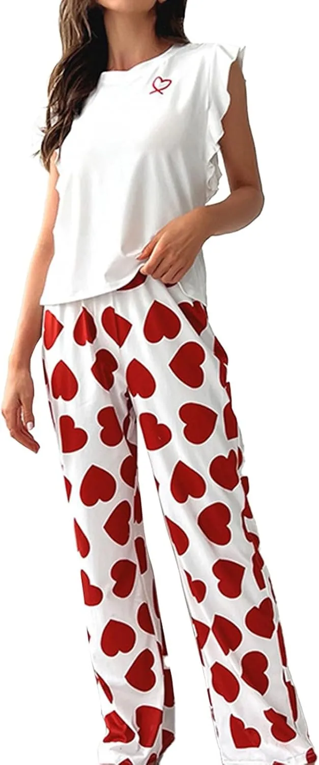 Miyaomn Women's Pajama Sets Ruffled Sleeveless Tank Top and Long Printed Pants with Pockets 2 Piece Pjs Sets Lounge Sleepwear