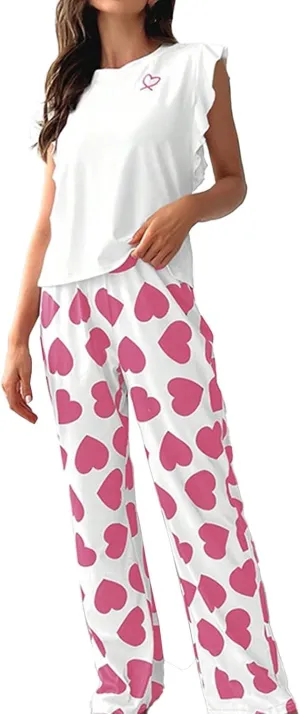 Miyaomn Women's Pajama Sets Ruffled Sleeveless Tank Top and Long Printed Pants with Pockets 2 Piece Pjs Sets Lounge Sleepwear
