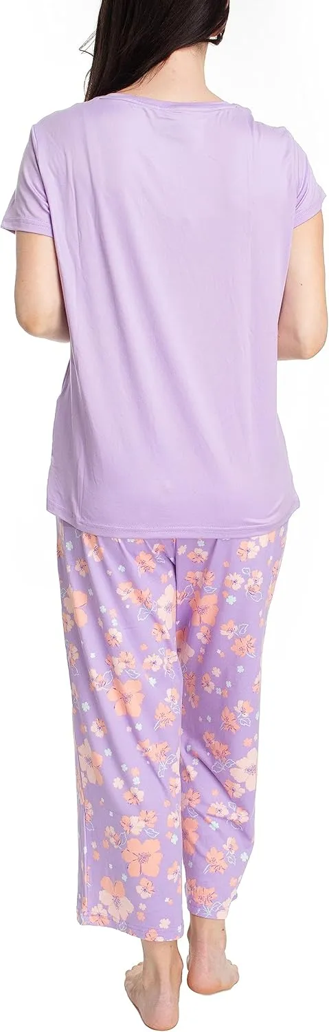MUK LUKS Womens Feel Good Happy Cloud Knit Pajamas, Short Sleeve, 22 Capri Pant Matching Sleep Set