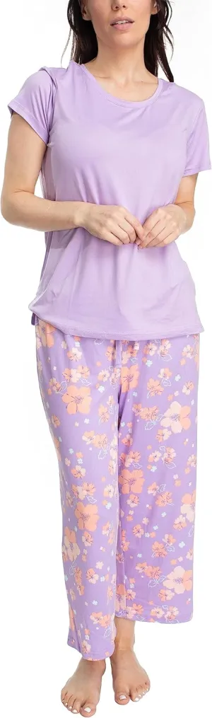 MUK LUKS Womens Feel Good Happy Cloud Knit Pajamas, Short Sleeve, 22 Capri Pant Matching Sleep Set