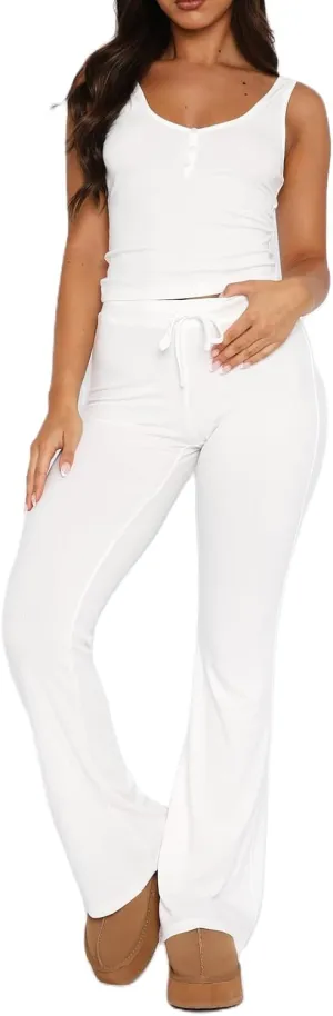 NUFIWI Women Ribbed Knit 2 Piece Pajamas Set Sleeveless Button Crop Top Wide Leg Pants Lounge Sleepwear Outfits Set