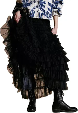 NUFIWI Women Ruffle Maxi Slip Skirt Elastic Waist Sheer Mesh Long Skirts Lace Layered Tiered Tulle Tutu Skirt Petticoat