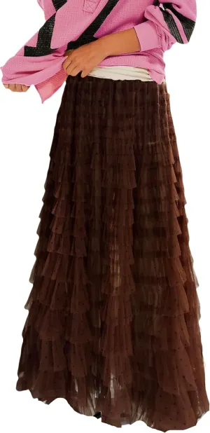 NUFIWI Women Ruffle Maxi Slip Skirt Elastic Waist Sheer Mesh Long Skirts Lace Layered Tiered Tulle Tutu Skirt Petticoat