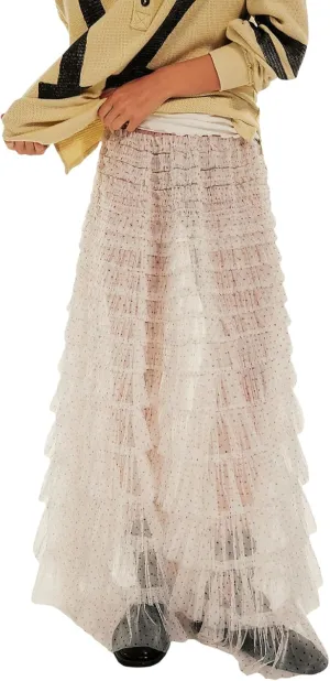 NUFIWI Women Ruffle Maxi Slip Skirt Elastic Waist Sheer Mesh Long Skirts Lace Layered Tiered Tulle Tutu Skirt Petticoat