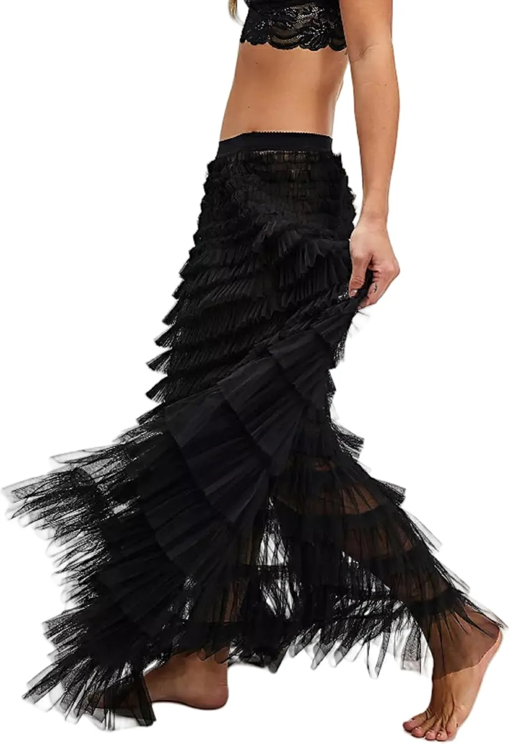 NUFIWI Women Ruffle Maxi Slip Skirt Elastic Waist Sheer Mesh Long Skirts Lace Layered Tiered Tulle Tutu Skirt Petticoat