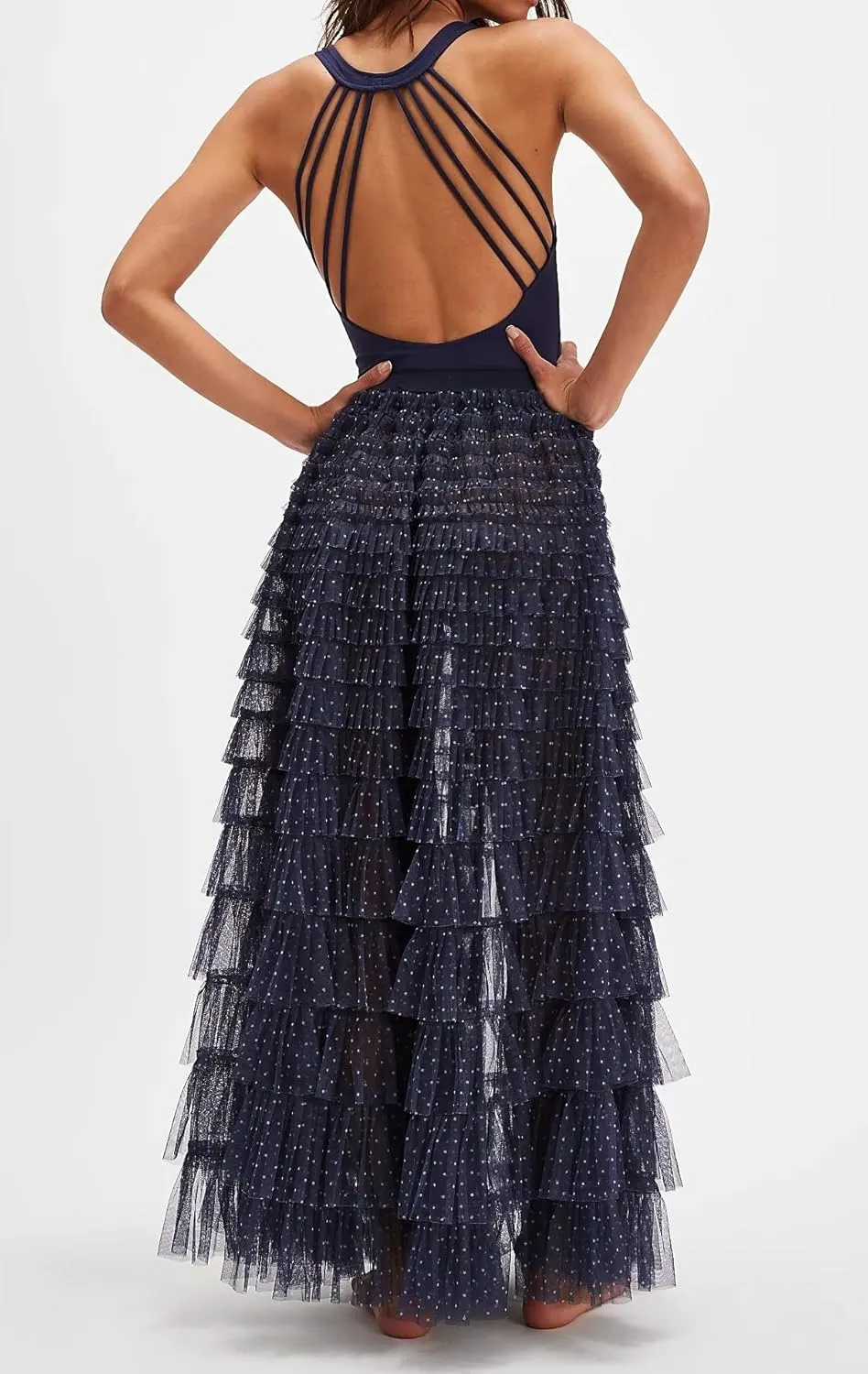 NUFIWI Women Ruffle Maxi Slip Skirt Elastic Waist Sheer Mesh Long Skirts Lace Layered Tiered Tulle Tutu Skirt Petticoat
