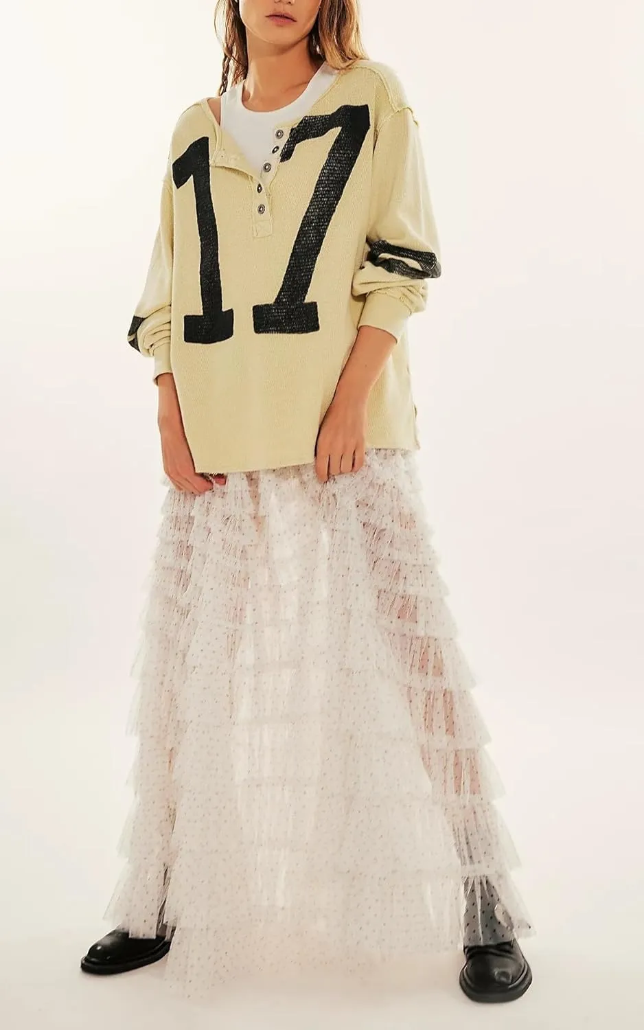 NUFIWI Women Ruffle Maxi Slip Skirt Elastic Waist Sheer Mesh Long Skirts Lace Layered Tiered Tulle Tutu Skirt Petticoat