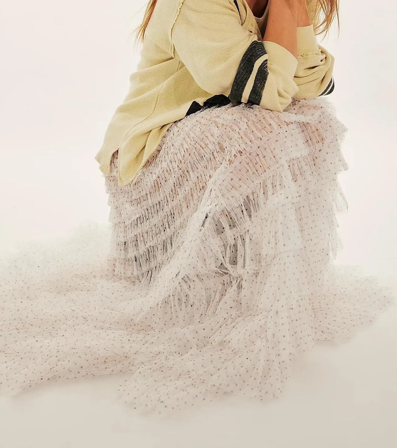 NUFIWI Women Ruffle Maxi Slip Skirt Elastic Waist Sheer Mesh Long Skirts Lace Layered Tiered Tulle Tutu Skirt Petticoat