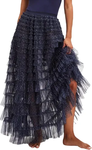 NUFIWI Women Ruffle Maxi Slip Skirt Elastic Waist Sheer Mesh Long Skirts Lace Layered Tiered Tulle Tutu Skirt Petticoat