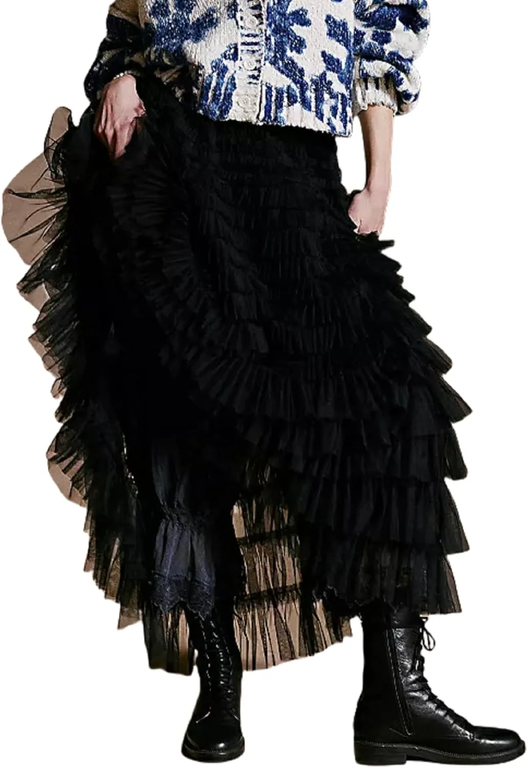 NUFIWI Women Ruffle Maxi Slip Skirt Elastic Waist Sheer Mesh Long Skirts Lace Layered Tiered Tulle Tutu Skirt Petticoat