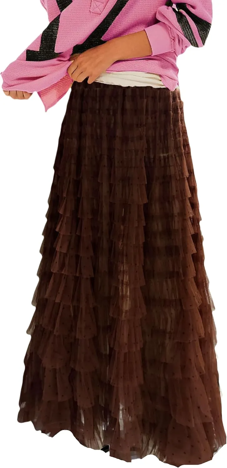 NUFIWI Women Ruffle Maxi Slip Skirt Elastic Waist Sheer Mesh Long Skirts Lace Layered Tiered Tulle Tutu Skirt Petticoat