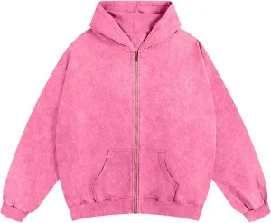 Oversized Vintage Cotton Jacket Acid Wash Grunge Basic Zip Up Hoodie For Women Distressed Baggy Long Sleeve Tops