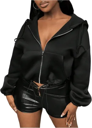 OYOANGLE Women's Long Sleeve Zip Up Thick Cropped Hoodie Coat Long Sleeve Drawstring Hooded Sweatshirts