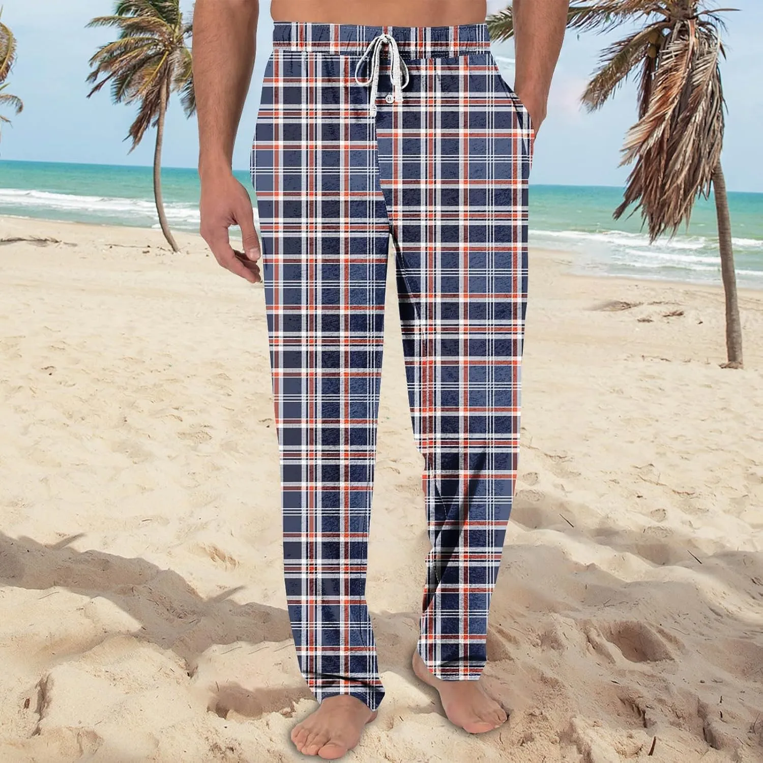 Pajama Pants Men Tall Plaid Lounge Pants Bottoms Elastic Waist Drawstring Knit Pants Soft Sleepwear Pants With Pockets