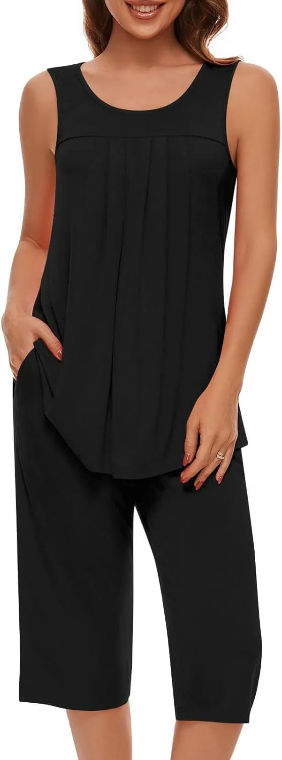 Pajama Sets for Women 2 Piece Summer Lounge Sets Floral Print Sleeveless Tank Tops & Capri Pants Soft Sleepwear