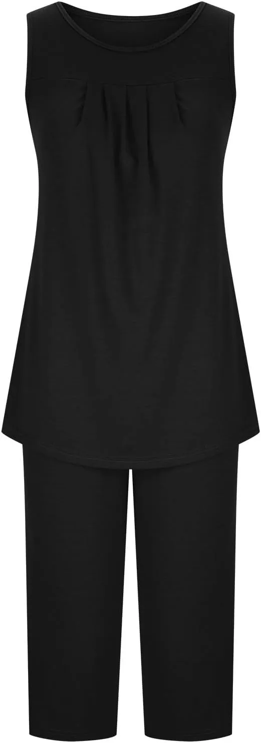 Pajama Sets for Women 2 Piece Summer Lounge Sets Floral Print Sleeveless Tank Tops & Capri Pants Soft Sleepwear