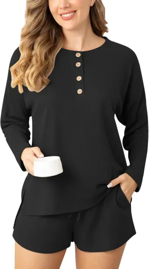 Pajamas Set for Women Waffle Knit Lounge Set Long Sleeve Top and Shorts Matching Lounge Set Loungewear Sweatsuit Set Black