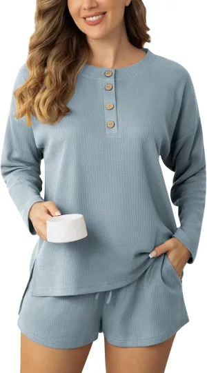 Pajamas Set for Women Waffle Knit Lounge Set Long Sleeve Top and Shorts Matching Lounge Set Loungewear Sweatsuit Set