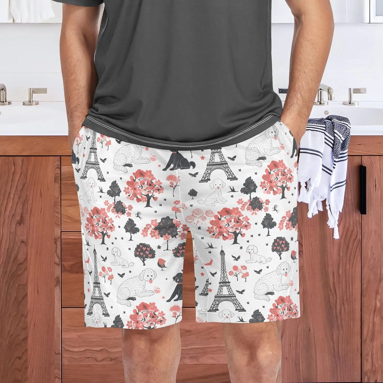Paris and Poodle Dog Mens Pajama Shorts Soft Pants Lounge Sleepwear Bottoms with Drawstring & Pockets