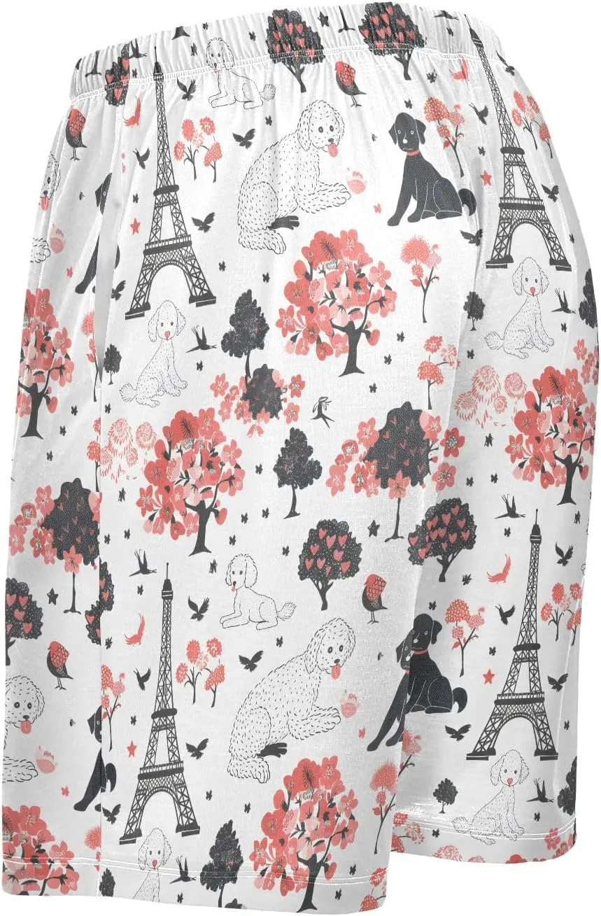 Paris and Poodle Dog Mens Pajama Shorts Soft Pants Lounge Sleepwear Bottoms with Drawstring & Pockets