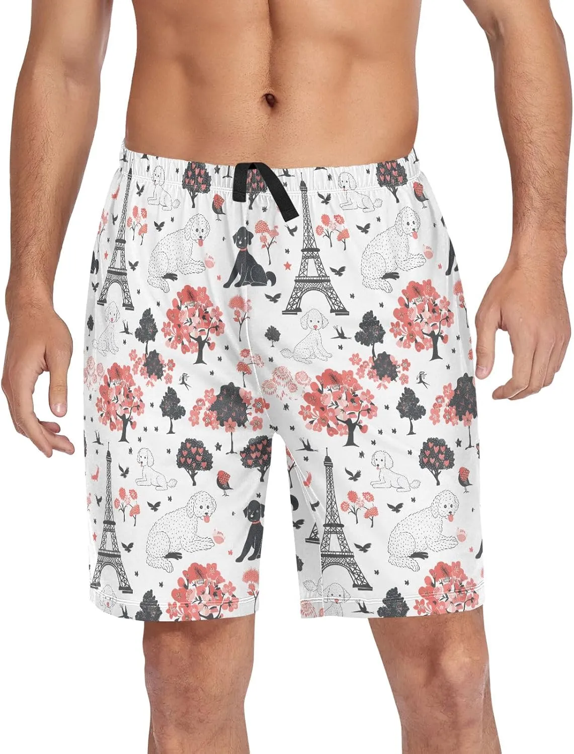 Paris and Poodle Dog Mens Pajama Shorts Soft Pants Lounge Sleepwear Bottoms with Drawstring & Pockets