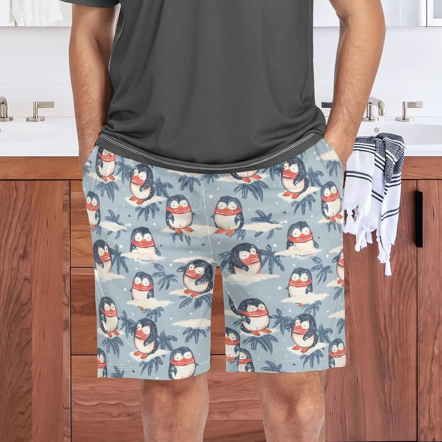 Penguin with Scarf Mens Pajama Shorts Soft Pants Lounge Sleepwear Bottoms with Drawstring & Pockets