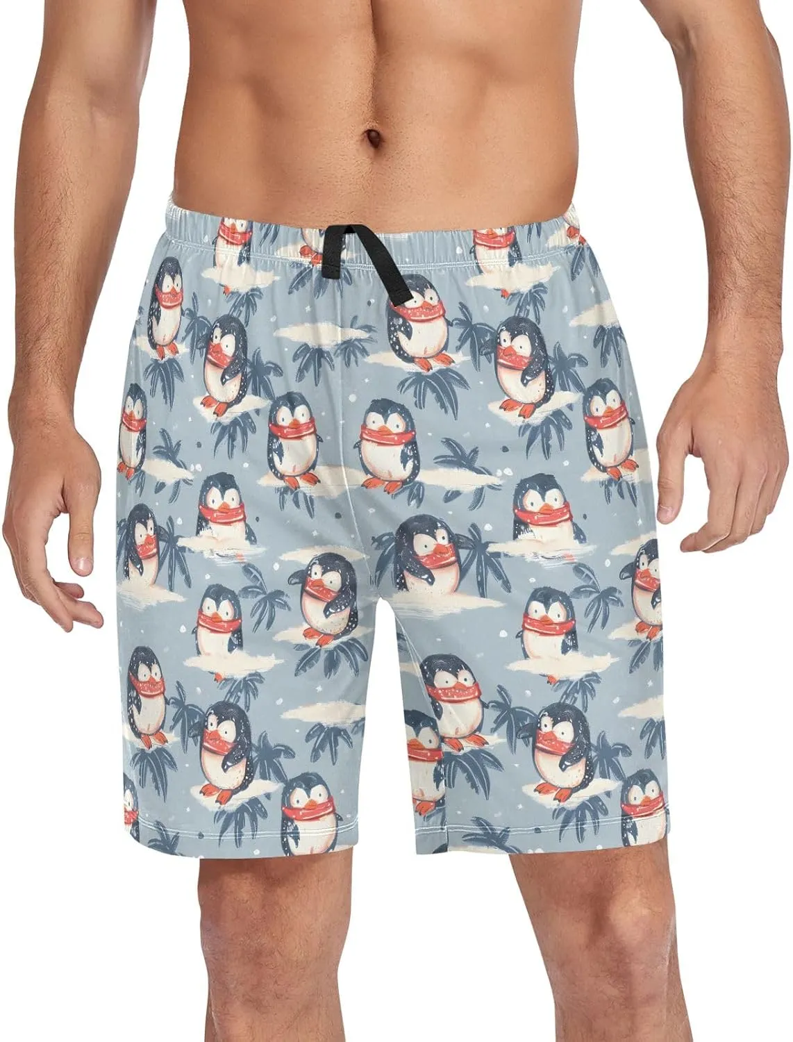 Penguin with Scarf Mens Pajama Shorts Soft Pants Lounge Sleepwear Bottoms with Drawstring & Pockets