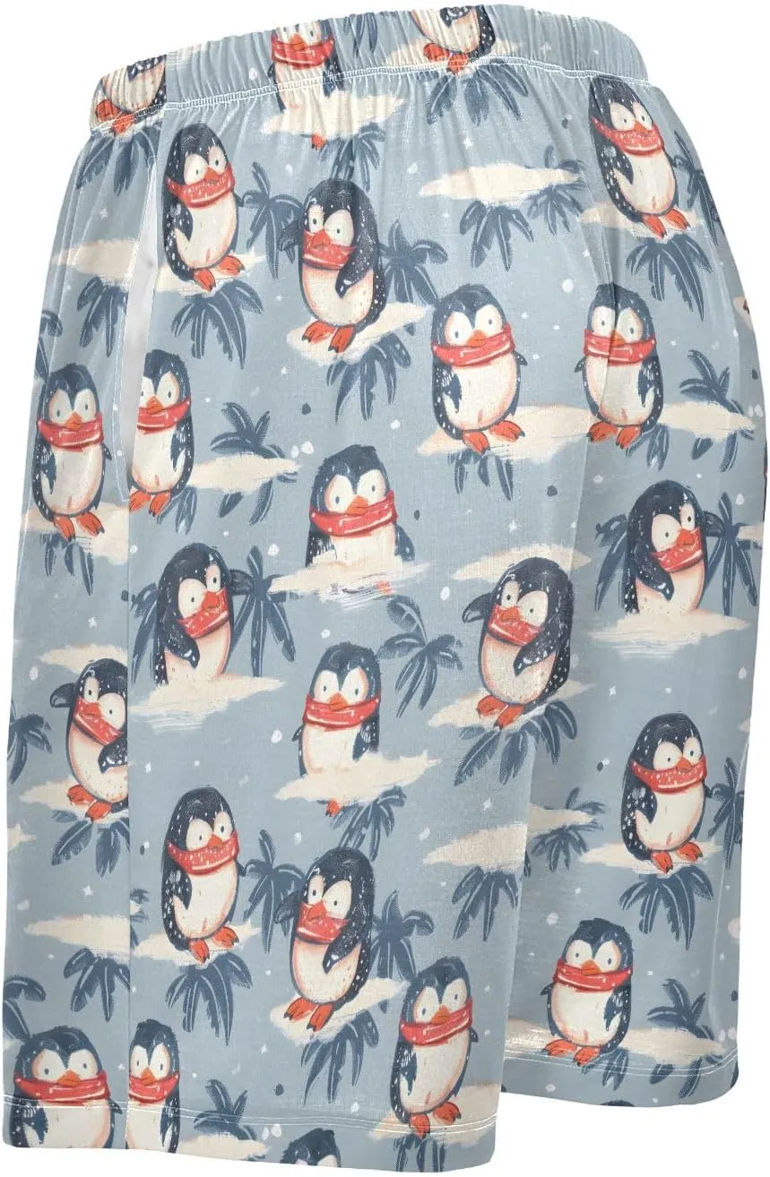 Penguin with Scarf Mens Pajama Shorts Soft Pants Lounge Sleepwear Bottoms with Drawstring & Pockets