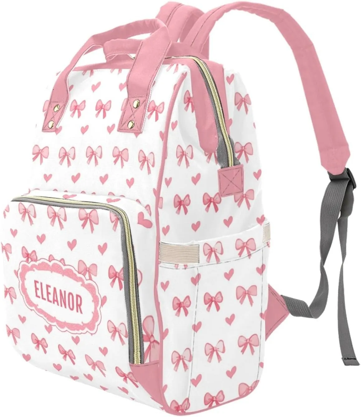 Personalized Bow Diaper Bag with Name, Custom Nursing Baby Bags Nappy Bag for Girls, Casual Travel Backpack with Thermal Pockets, Bow Print Diaper Backpack for New Mom