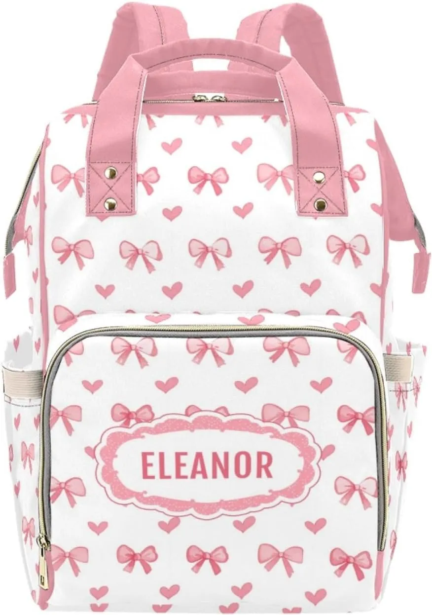 Personalized Bow Diaper Bag with Name, Custom Nursing Baby Bags Nappy Bag for Girls, Casual Travel Backpack with Thermal Pockets, Bow Print Diaper Backpack for New Mom