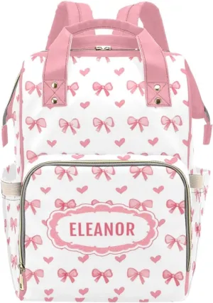 Personalized Bow Diaper Bag with Name, Custom Nursing Baby Bags Nappy Bag for Girls, Casual Travel Backpack with Thermal Pockets, Bow Print Diaper Backpack for New Mom