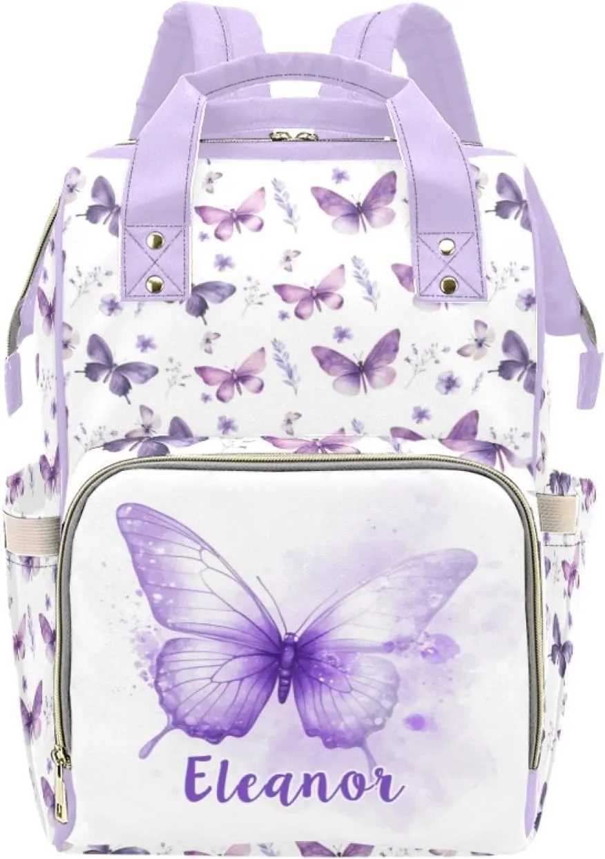 Personalized Butterfly Diaper Bag with Name, Custom Nursing Baby Bags Nappy Bag for Girls, Casual Travel Backpack with Thermal Pockets, Butterfly Print Diaper Backpack for New Mom