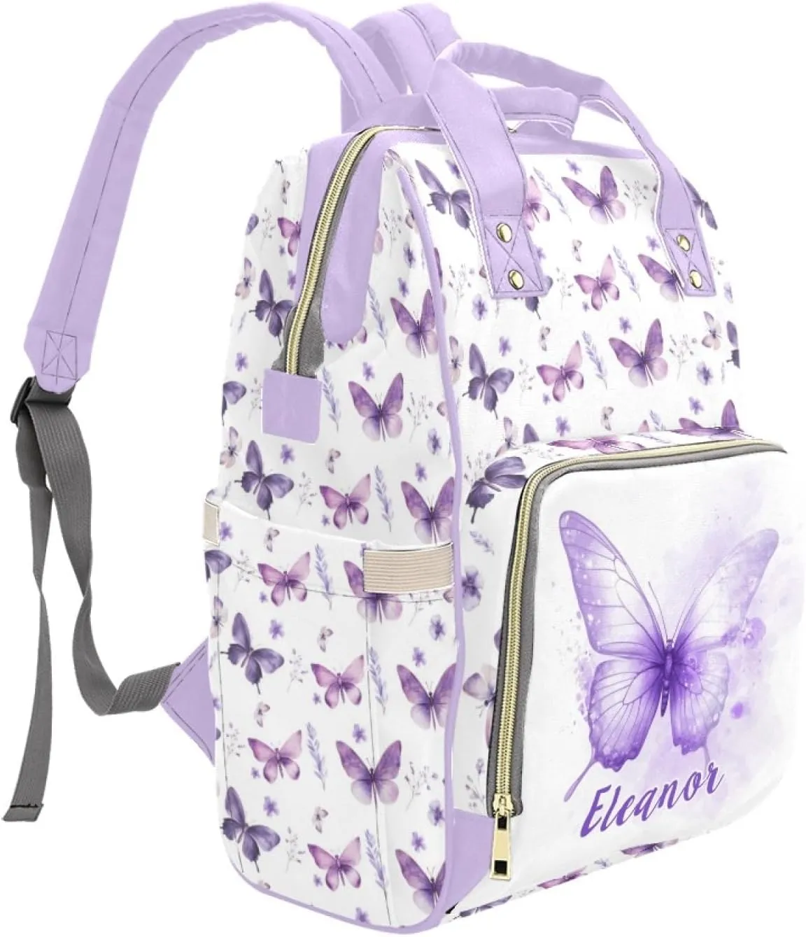 Personalized Butterfly Diaper Bag with Name, Custom Nursing Baby Bags Nappy Bag for Girls, Casual Travel Backpack with Thermal Pockets, Butterfly Print Diaper Backpack for New Mom