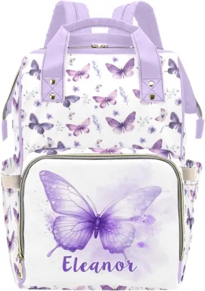 Personalized Butterfly Diaper Bag with Name, Custom Nursing Baby Bags Nappy Bag for Girls, Casual Travel Backpack with Thermal Pockets, Butterfly Print Diaper Backpack for New Mom