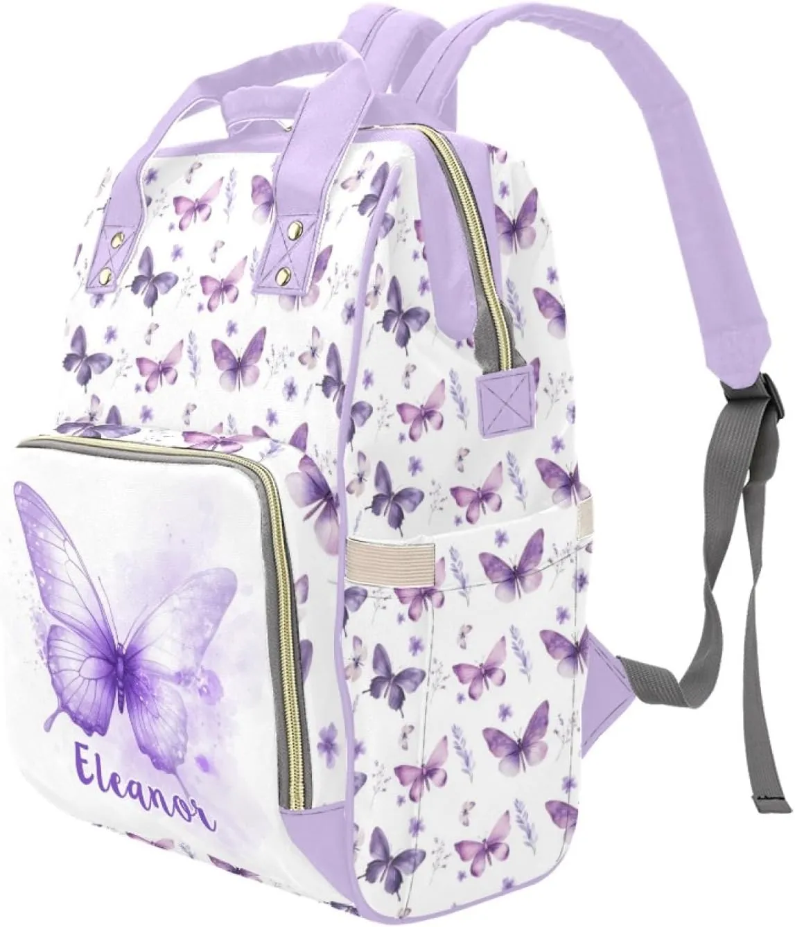 Personalized Butterfly Diaper Bag with Name, Custom Nursing Baby Bags Nappy Bag for Girls, Casual Travel Backpack with Thermal Pockets, Butterfly Print Diaper Backpack for New Mom