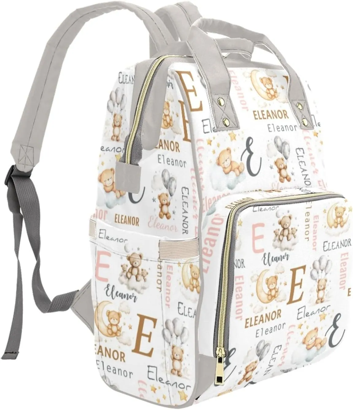 Personalized Cute Bear Diaper Bag with Name, Custom Nursing Baby Bags Nappy Bag for Boys Girls, Casual Travel Backpack with Thermal Pockets, Cartoon Bear Diaper Backpack for New Mom
