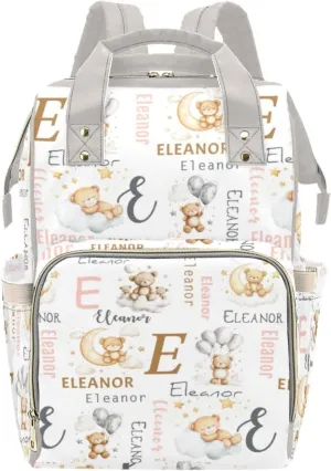 Personalized Cute Bear Diaper Bag with Name, Custom Nursing Baby Bags Nappy Bag for Boys Girls, Casual Travel Backpack with Thermal Pockets, Cartoon Bear Diaper Backpack for New Mom