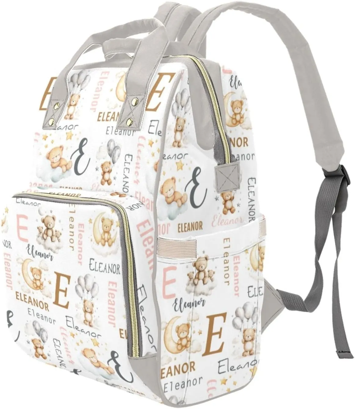 Personalized Cute Bear Diaper Bag with Name, Custom Nursing Baby Bags Nappy Bag for Boys Girls, Casual Travel Backpack with Thermal Pockets, Cartoon Bear Diaper Backpack for New Mom