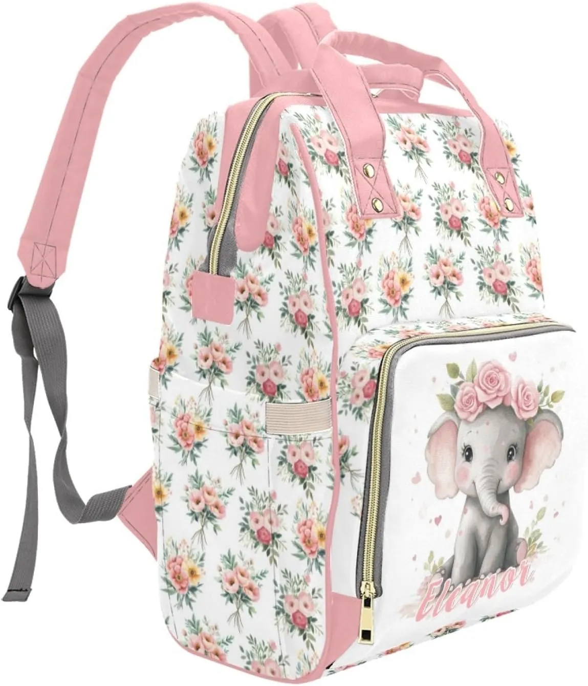 Personalized Cute Elephant Diaper Bag Backpack for Girls, Custom Diaper Backpack Mommy Bag with Name, Customized Name Nursing Bags Gifts for Newborn New Mom